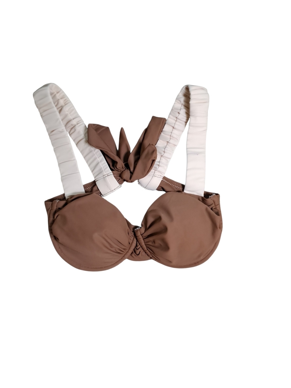 Ruched Brown & Cream Padded Bikini Top with Tie-Back